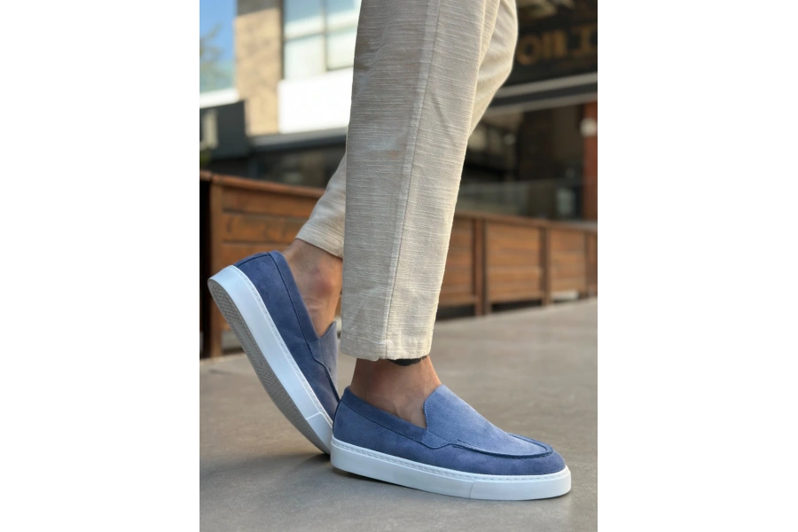 Shoecide Sb0241 Bağcıksız Yüksek Taban Mavi Süet Erkek Ayakkabı