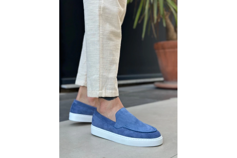 Shoecide Sb0241 Bağcıksız Yüksek Taban Mavi Süet Erkek Ayakkabı