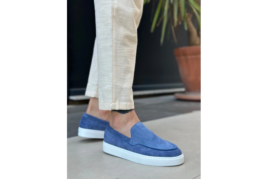 Shoecide Sb0241 Bağcıksız Yüksek Taban Mavi Süet Erkek Ayakkabı