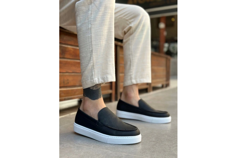 Shoecide Sb0241 Bağcıksız Yüksek Taban Siyah Beyaz Taban Cilt Erkek Ayakkabı