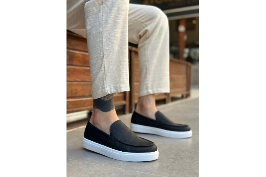 Shoecide Sb0241 Bağcıksız Yüksek Taban Siyah Beyaz Taban Cilt Erkek Ayakkabı
