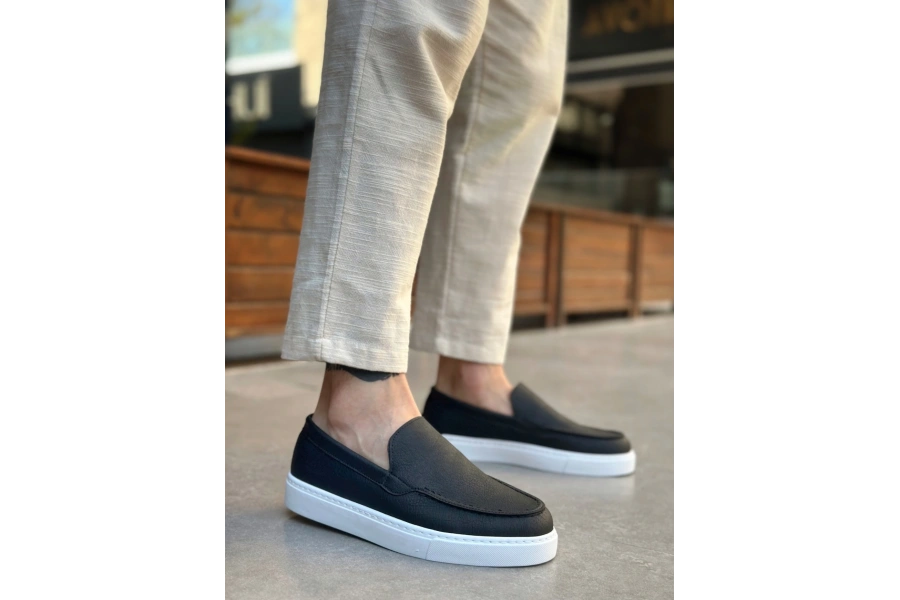 Shoecide Sb0241 Bağcıksız Yüksek Taban Siyah Beyaz Taban Cilt Erkek Ayakkabı