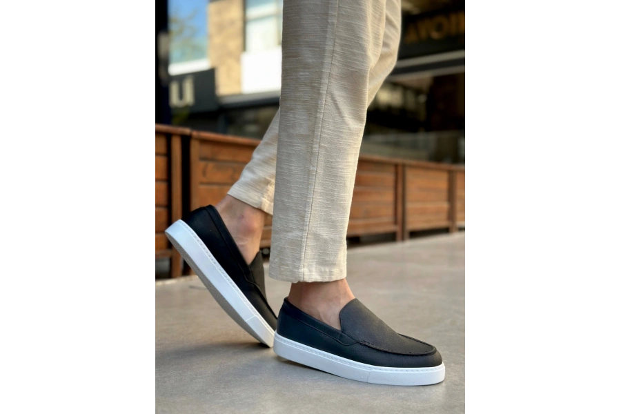 Shoecide Sb0241 Bağcıksız Yüksek Taban Siyah Beyaz Taban Cilt Erkek Ayakkabı