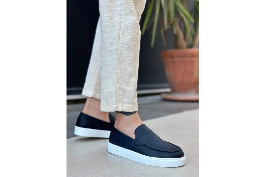 Shoecide Sb0241 Bağcıksız Yüksek Taban Siyah Beyaz Taban Cilt Erkek Ayakkabı