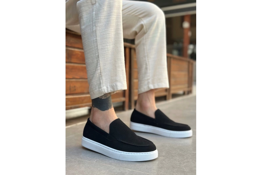Shoecide Sb0241 Bağcıksız Yüksek Taban Siyah Süet Erkek Ayakkabı
