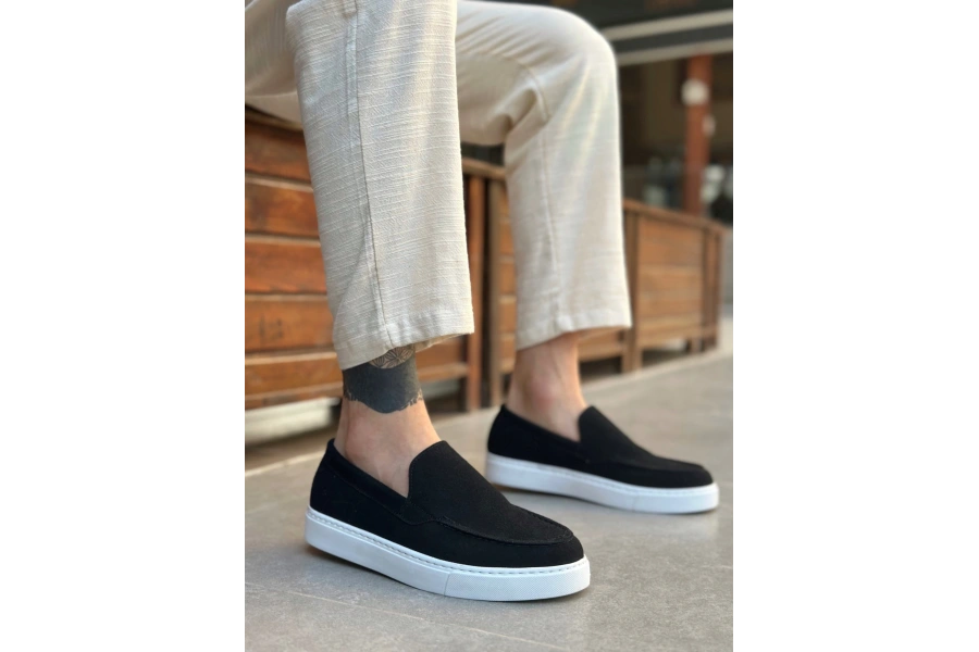 Shoecide Sb0241 Bağcıksız Yüksek Taban Siyah Süet Erkek Ayakkabı