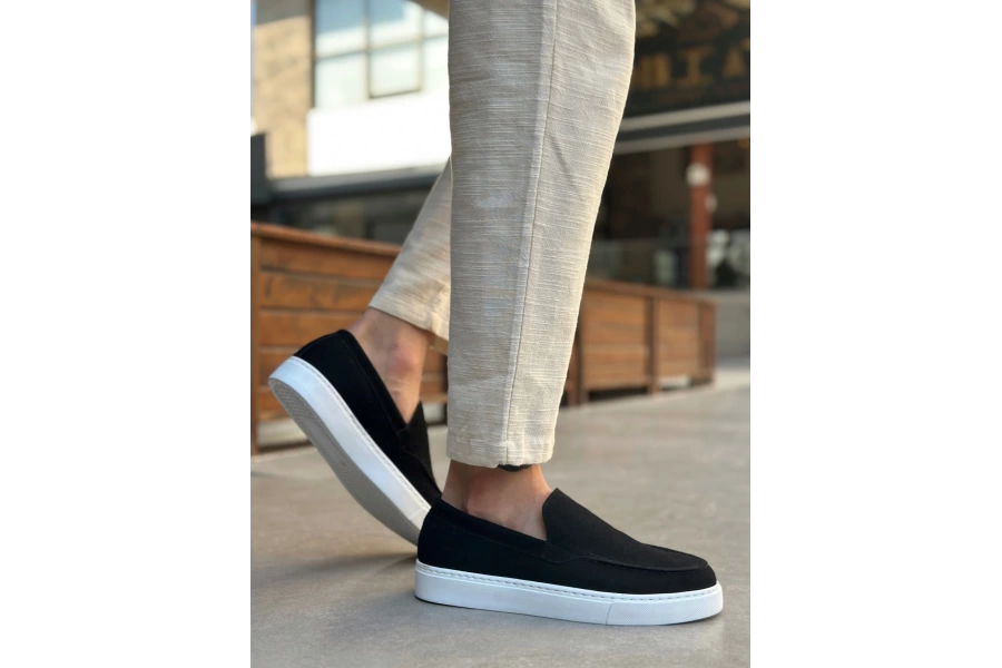 Shoecide Sb0241 Bağcıksız Yüksek Taban Siyah Süet Erkek Ayakkabı