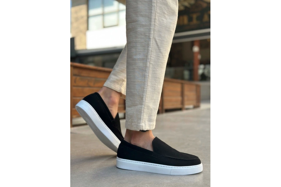 Shoecide Sb0241 Bağcıksız Yüksek Taban Siyah Süet Erkek Ayakkabı