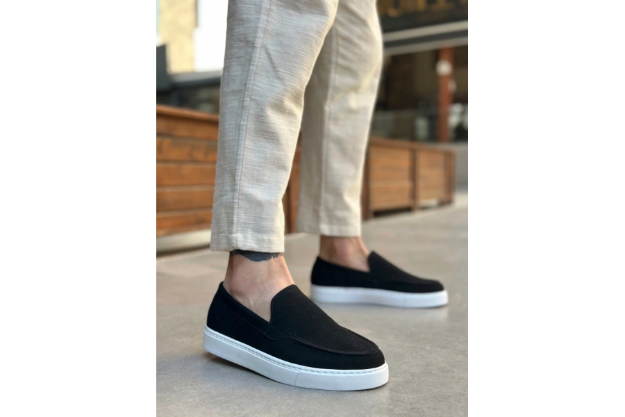 Shoecide Sb0241 Bağcıksız Yüksek Taban Siyah Süet Erkek Ayakkabı