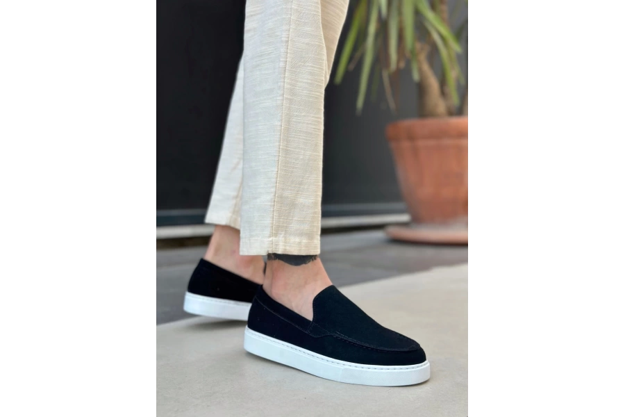 Shoecide Sb0241 Bağcıksız Yüksek Taban Siyah Süet Erkek Ayakkabı