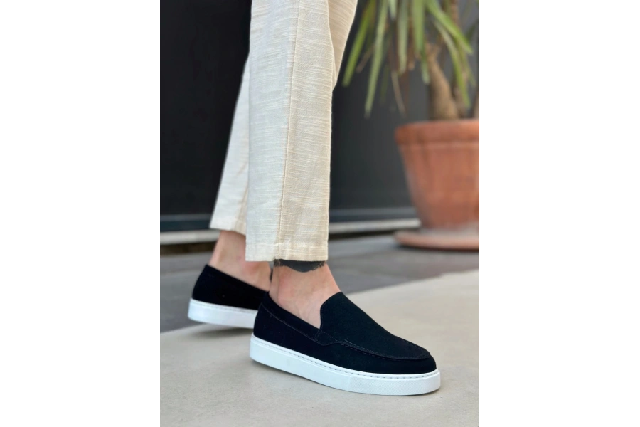 Shoecide Sb0241 Bağcıksız Yüksek Taban Siyah Süet Erkek Ayakkabı