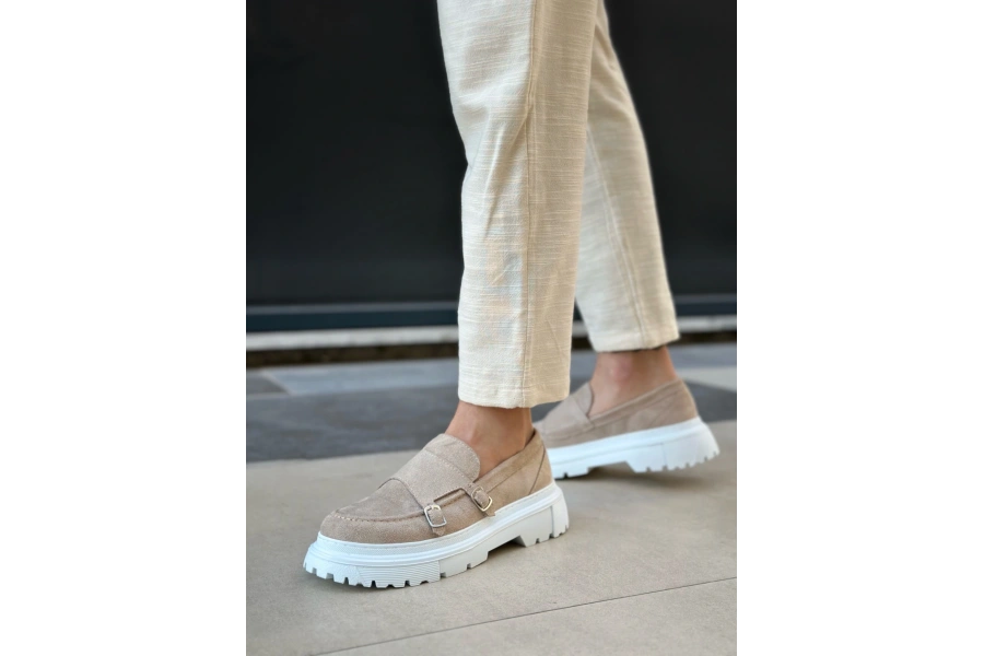 Shoecide Sb0242 Tokalı Klasik Yüksek Taban Krem Süet Erkek Ayakkabı