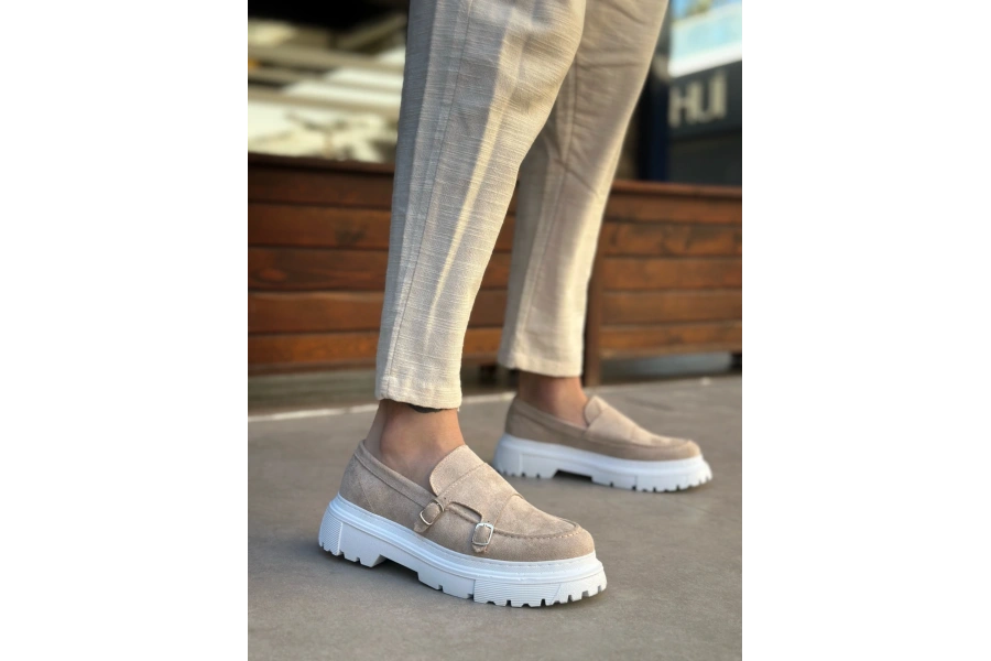 Shoecide Sb0242 Tokalı Klasik Yüksek Taban Krem Süet Erkek Ayakkabı