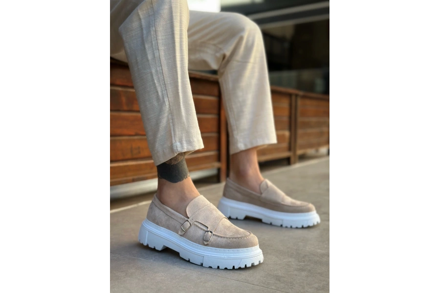 Shoecide Sb0242 Tokalı Klasik Yüksek Taban Krem Süet Erkek Ayakkabı