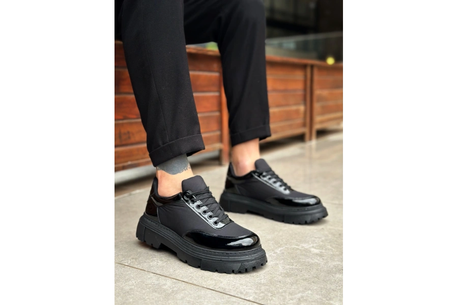 Shoecide Sb0243 Bağcıklı Rugan Paraşüt Detaylı Yüksek Siyah Taban Erkek Ayakkabı
