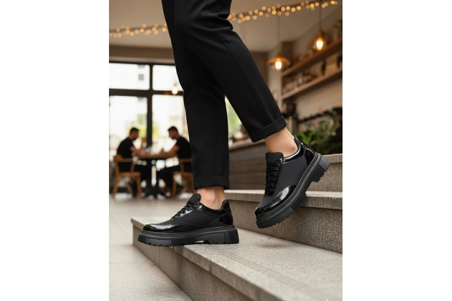 Shoecide Sb0243 Bağcıklı Rugan Paraşüt Detaylı Yüksek Siyah Taban Erkek Ayakkabı