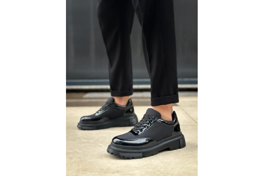 Shoecide Sb0243 Bağcıklı Rugan Paraşüt Detaylı Yüksek Siyah Taban Erkek Ayakkabı
