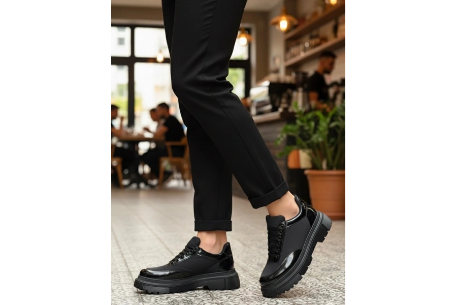 Shoecide Sb0243 Bağcıklı Rugan Paraşüt Detaylı Yüksek Siyah Taban Erkek Ayakkabı