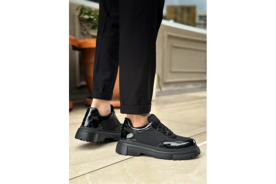 Shoecide Sb0243 Bağcıklı Rugan Paraşüt Detaylı Yüksek Siyah Taban Erkek Ayakkabı
