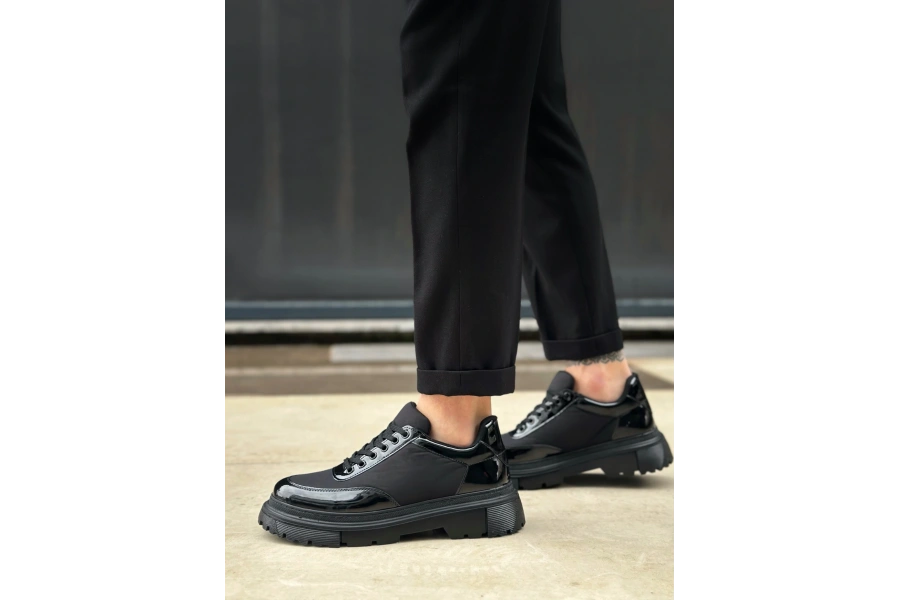 Shoecide Sb0243 Bağcıklı Rugan Paraşüt Detaylı Yüksek Siyah Taban Erkek Ayakkabı