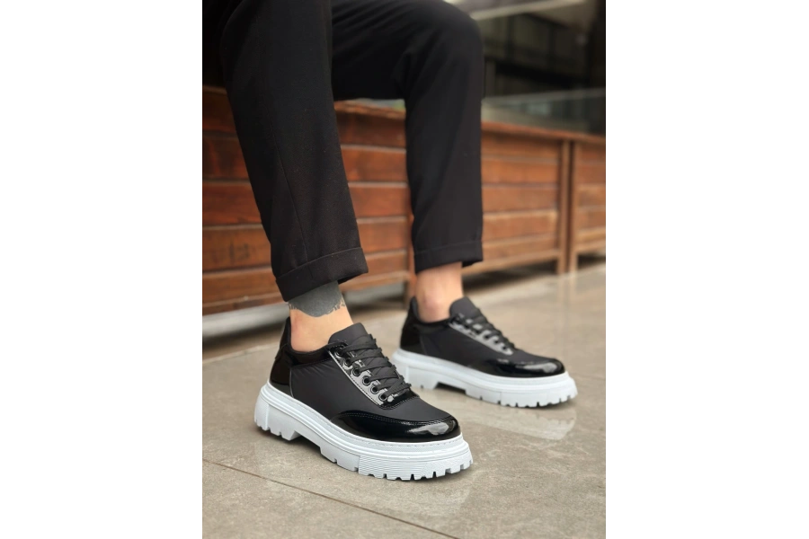 Shoecide Sb0243 Bağcıklı Rugan Paraşüt Detaylı Yüksek Taban Siyah Erkek Ayakkabı