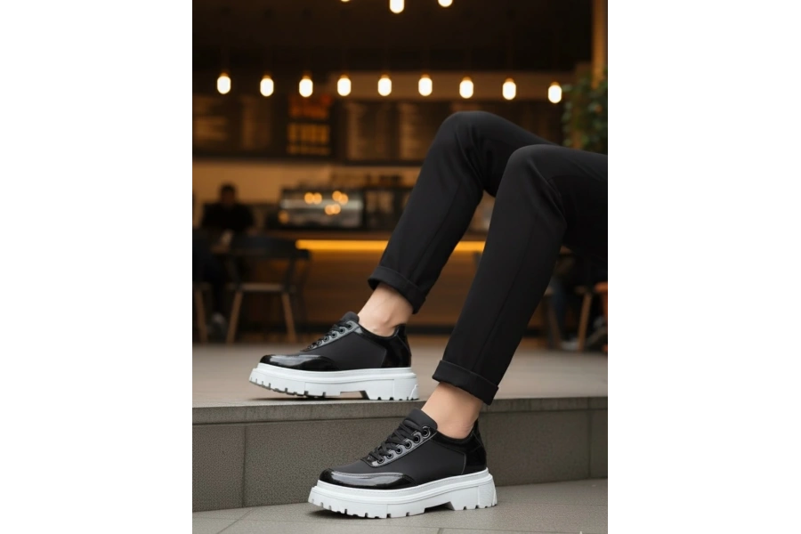 Shoecide Sb0243 Bağcıklı Rugan Paraşüt Detaylı Yüksek Taban Siyah Erkek Ayakkabı