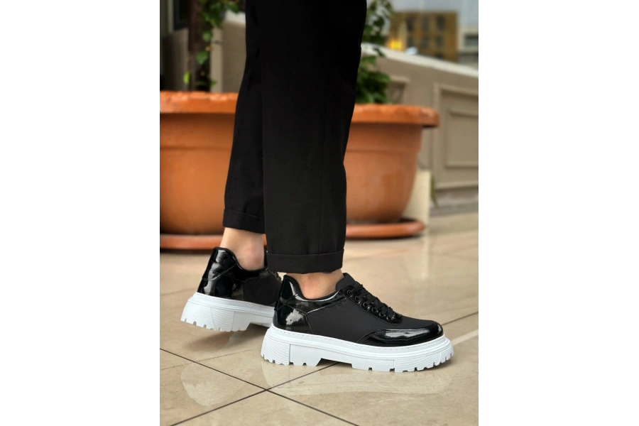 Shoecide Sb0243 Bağcıklı Rugan Paraşüt Detaylı Yüksek Taban Siyah Erkek Ayakkabı