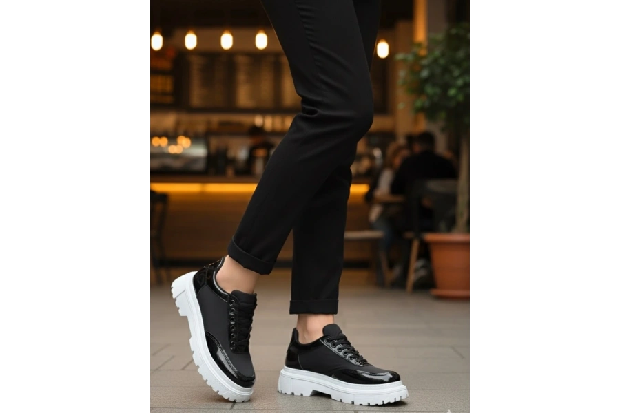 Shoecide Sb0243 Bağcıklı Rugan Paraşüt Detaylı Yüksek Taban Siyah Erkek Ayakkabı
