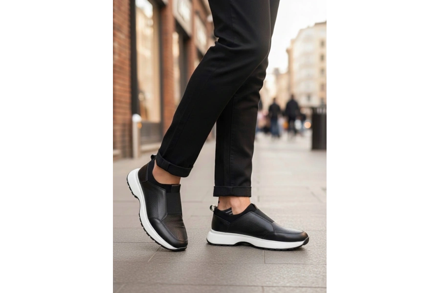 Shoecide Sb0244 İçi Dışı Hakiki Deri Bantlı Rahat Taban Casual Siyah Erkek Ayakkabı