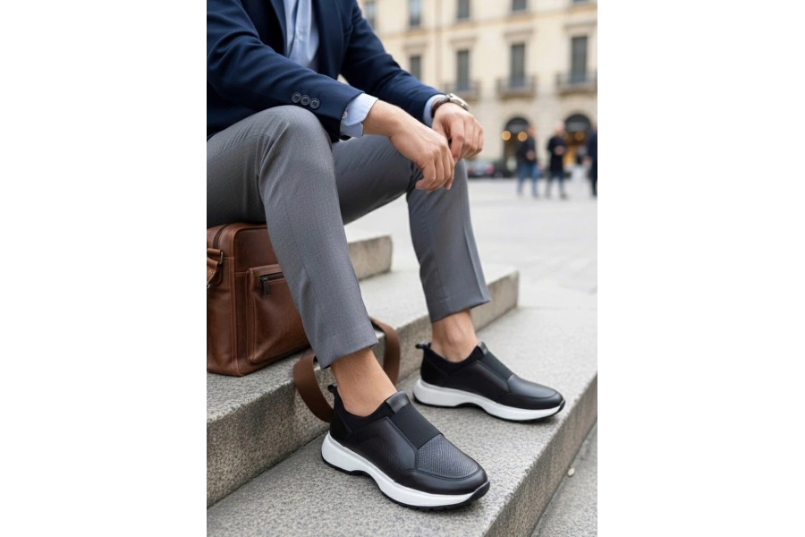 Shoecide Sb0244 İçi Dışı Hakiki Deri Bantlı Rahat Taban Casual Siyah Erkek Ayakkabı