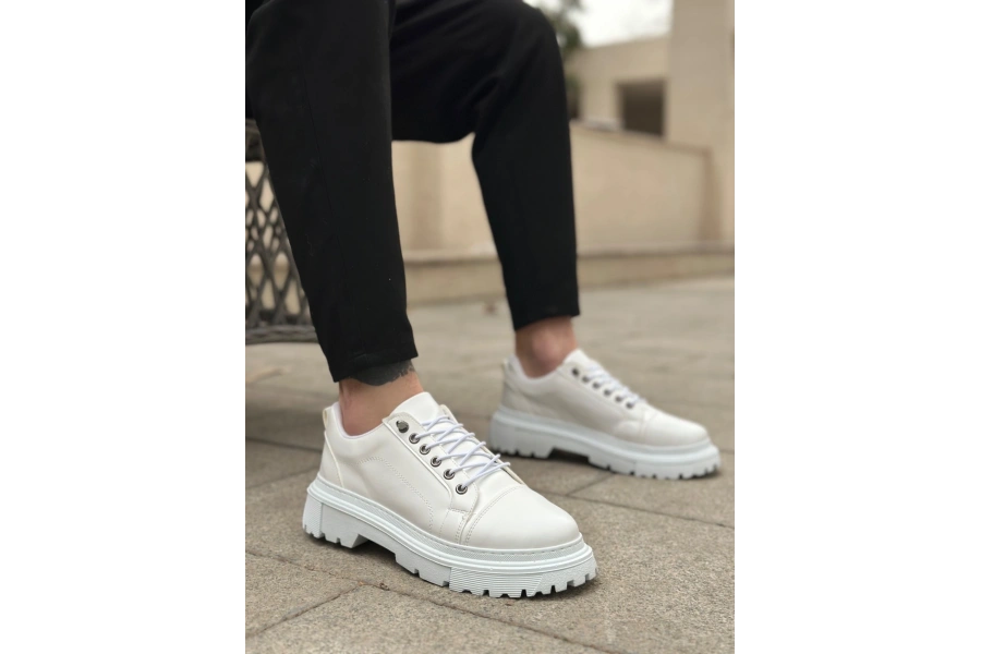 Shoecide Sb0245 Beyaz Akıllı Lastik Bağcık Yüksek Siyah Taban Günlük Erkek Ayakkabı