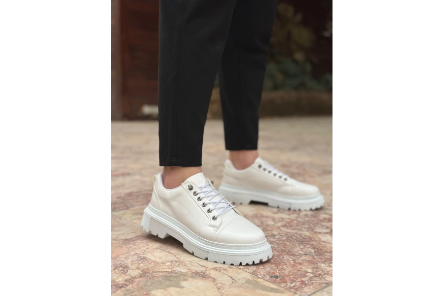 Shoecide Sb0245 Beyaz Akıllı Lastik Bağcık Yüksek Siyah Taban Günlük Erkek Ayakkabı