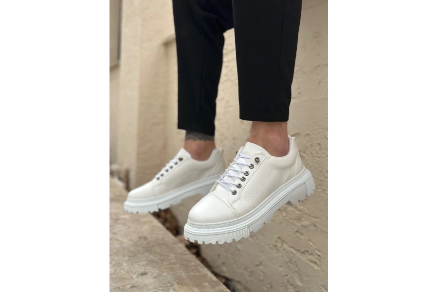 Shoecide Sb0245 Beyaz Akıllı Lastik Bağcık Yüksek Siyah Taban Günlük Erkek Ayakkabı