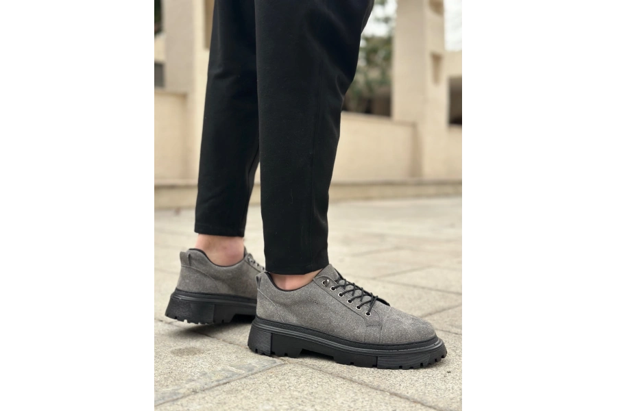 Shoecide Sb0245 Gri Süet Akıllı Lastik Bağcık Yüksek Taban Günlük Erkek Ayakkabı