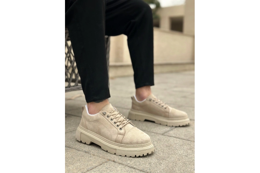Shoecide Sb0245 Krem Süet Akıllı Lastik Bağcık Yüksek Taban Günlük Erkek Ayakkabı