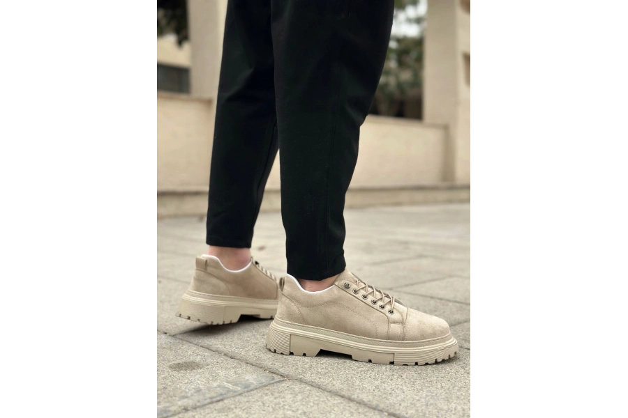 Shoecide Sb0245 Krem Süet Akıllı Lastik Bağcık Yüksek Taban Günlük Erkek Ayakkabı