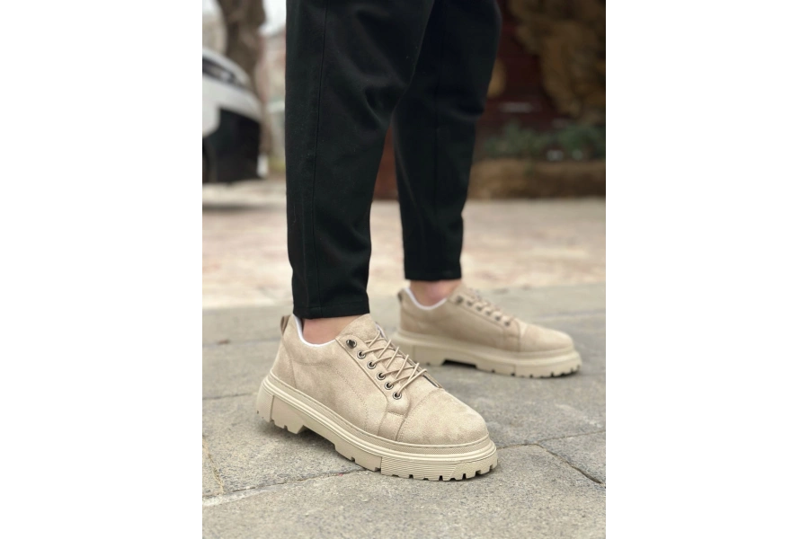Shoecide Sb0245 Krem Süet Akıllı Lastik Bağcık Yüksek Taban Günlük Erkek Ayakkabı