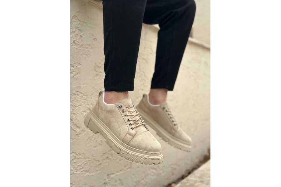 Shoecide Sb0245 Krem Süet Akıllı Lastik Bağcık Yüksek Taban Günlük Erkek Ayakkabı