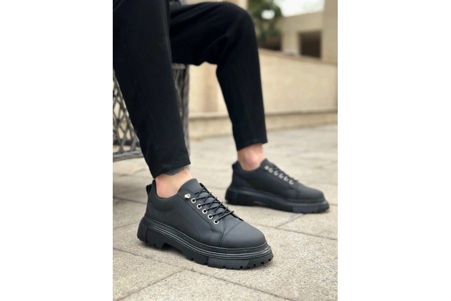 Shoecide Sb0245 Siyah Akıllı Lastik Bağcık Yüksek Siyah Taban Günlük Erkek Ayakkabı