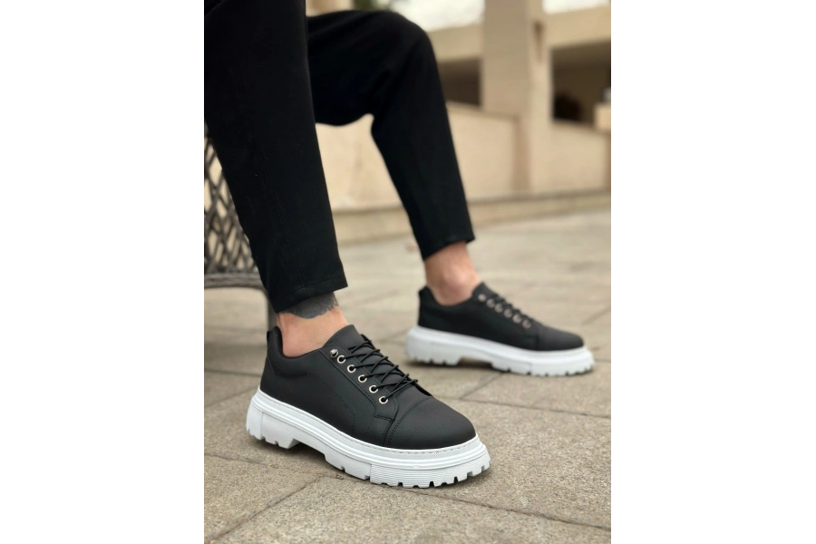 Shoecide Sb0245 Siyah Akıllı Lastik Bağcık Yüksek Taban Günlük Erkek Ayakkabı