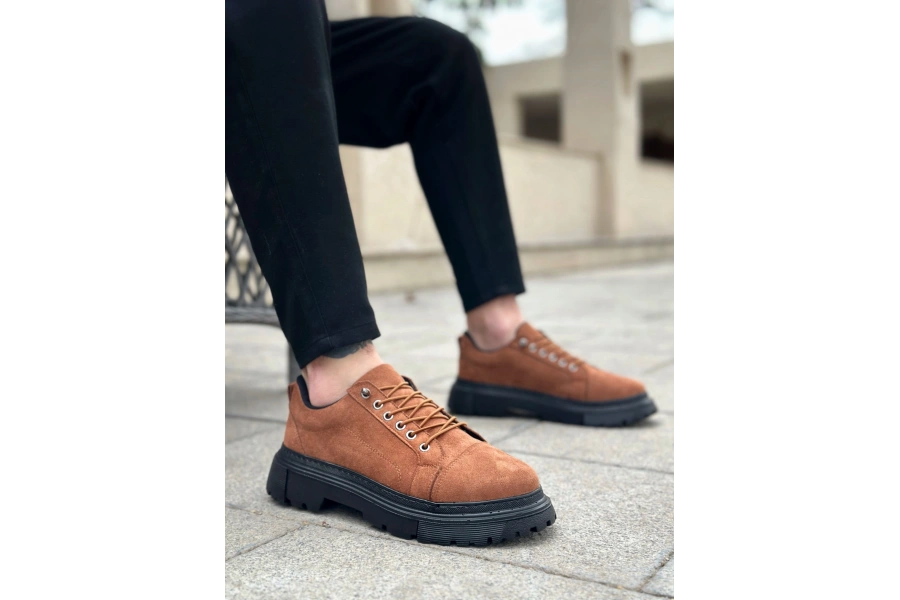 Shoecide Sb0245 Taba Süet Akıllı Lastik Bağcık Yüksek Siyah Taban Günlük Erkek Ayakkabı