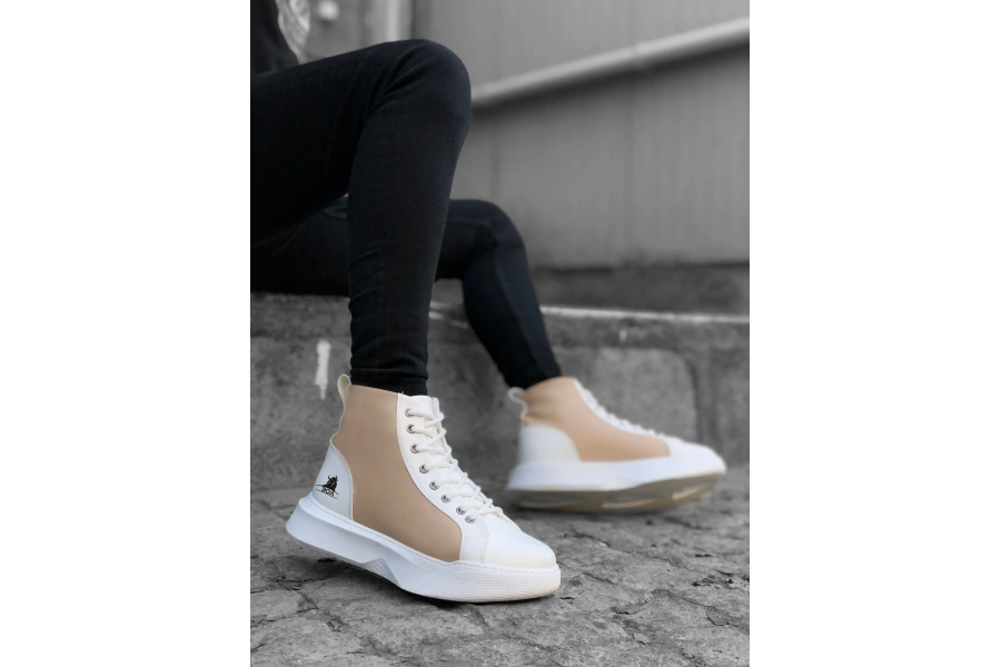 Shoecide Sb0256 Bağcıklı Erkek Yüksek Taban Beyaz Krem Taban Spor Bot