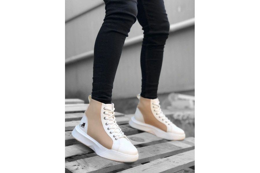 Shoecide Sb0256 Bağcıklı Erkek Yüksek Taban Beyaz Krem Taban Spor Bot