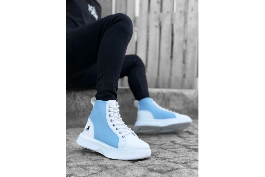 Shoecide Sb0256 Bağcıklı Erkek Yüksek Taban Beyaz Mavi Taban Spor Bot