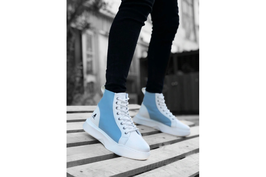 Shoecide Sb0256 Bağcıklı Erkek Yüksek Taban Beyaz Mavi Taban Spor Bot