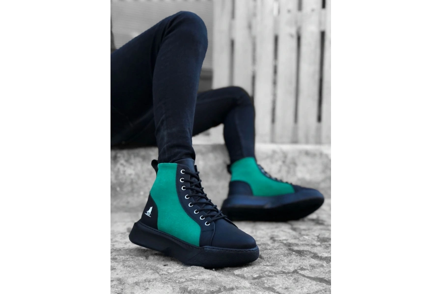 Shoecide Sb0256 Bağcıklı Erkek Yüksek Taban Siyah Yeşil Taban Spor Bot