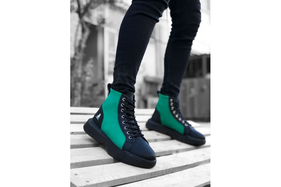 Shoecide Sb0256 Bağcıklı Erkek Yüksek Taban Siyah Yeşil Taban Spor Bot