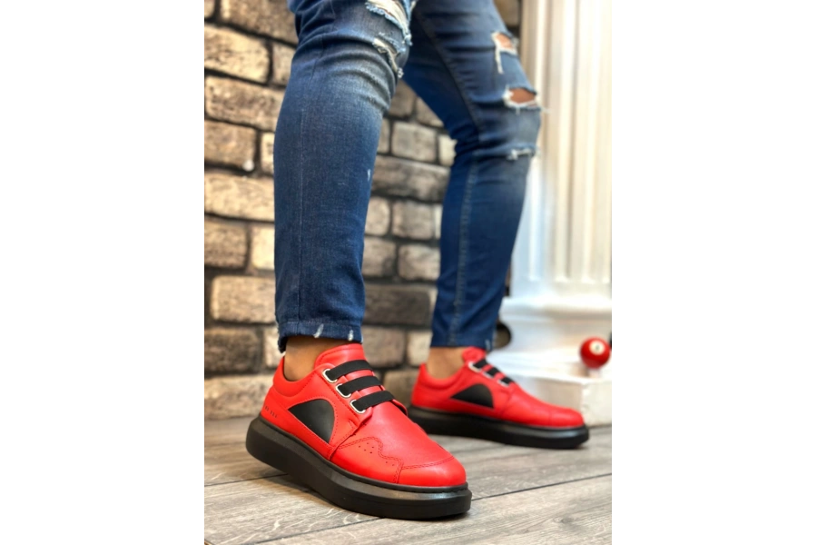 Shoecide Sb0302 Shoecide Kalın Taban Bağcıksız Tarz Casual Kırmızı Siyah Erkek Ayakkabı