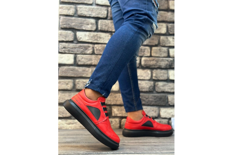 Shoecide Sb0302 Shoecide Kalın Taban Bağcıksız Tarz Casual Kırmızı Siyah Erkek Ayakkabı
