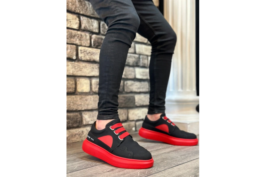 Shoecide Sb0302 Shoecide Kalın Taban Bağcıksız Tarz Casual Siyah Kırmızı Erkek Ayakkabı